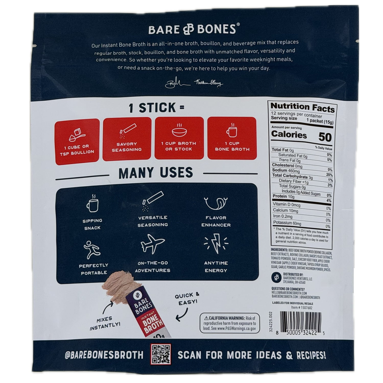 Bare Bones Beef Bone Broth Sticks, 0.53 Ounce (Pack of 12)