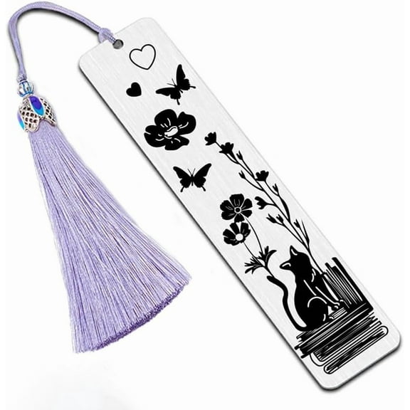 1pc Cat Bookmark Stainless Steel Bookmarks with Nylon Tassel Flower Inspirational Bookmark