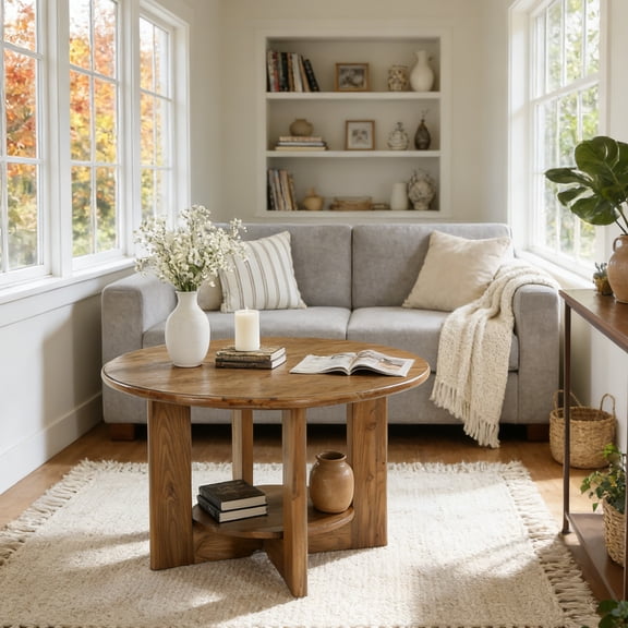 Tribesigns Round Coffee Table,  2-Tier Solid Wood Circle Coffee Table for Living Room, Easy Assembly, Rustic Brown