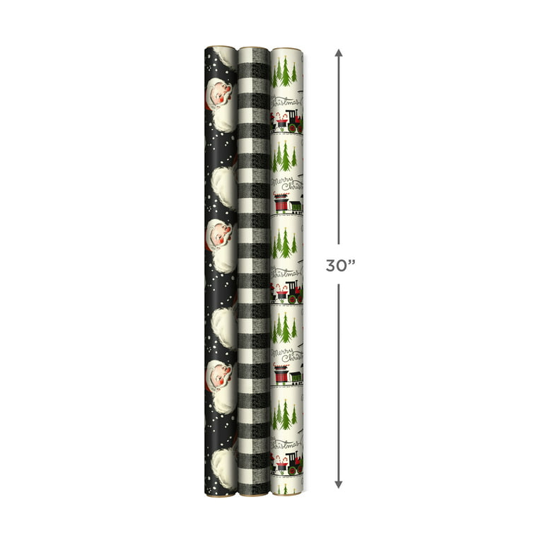 Hallmark Black Christmas Wrapping Paper with Cut Lines on Reverse (3 Rolls:  120 sq. ft. ttl) Retro Santa, Black and White Buffalo Plaid, Train and