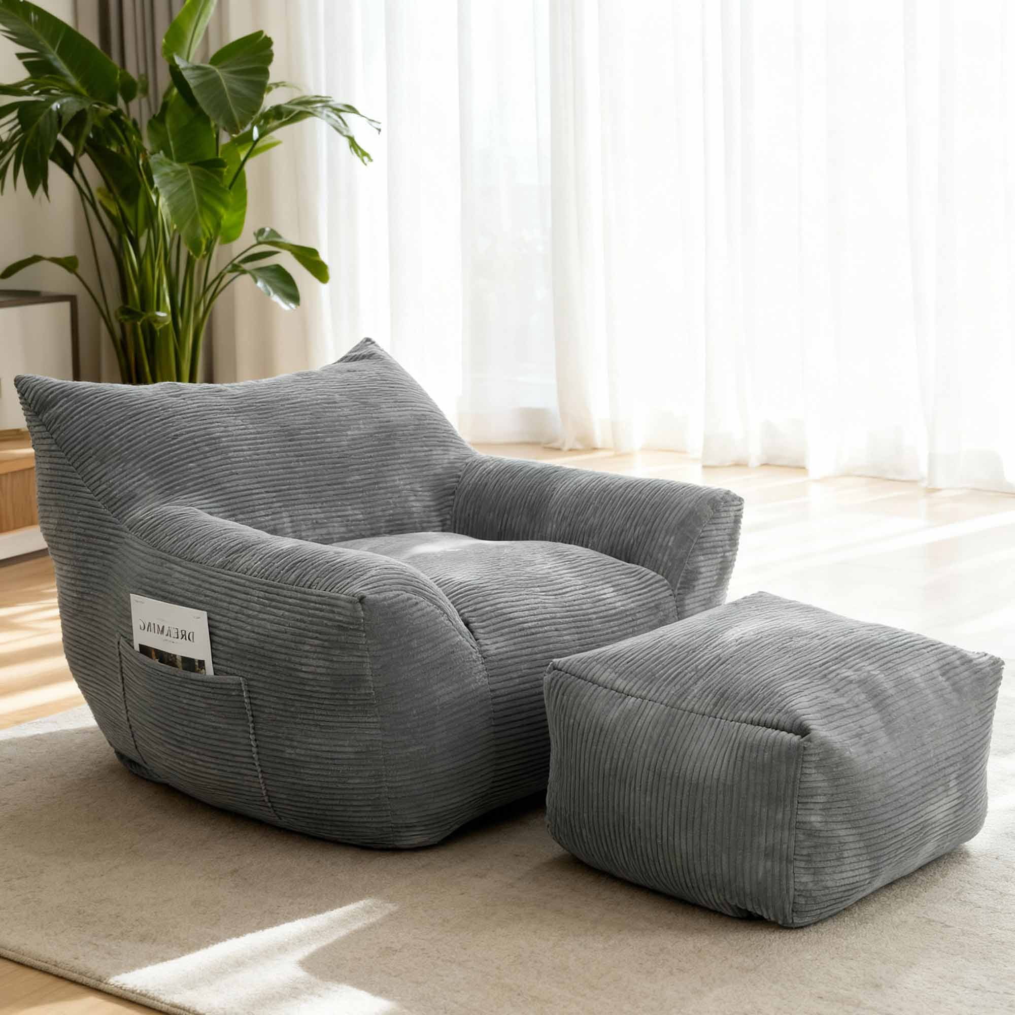 Lunale Oversized Bean Bag Chair with Ottoman, Boneless Lazy Sofa Chair for Bedroom, Living Room, Gray Corduroy