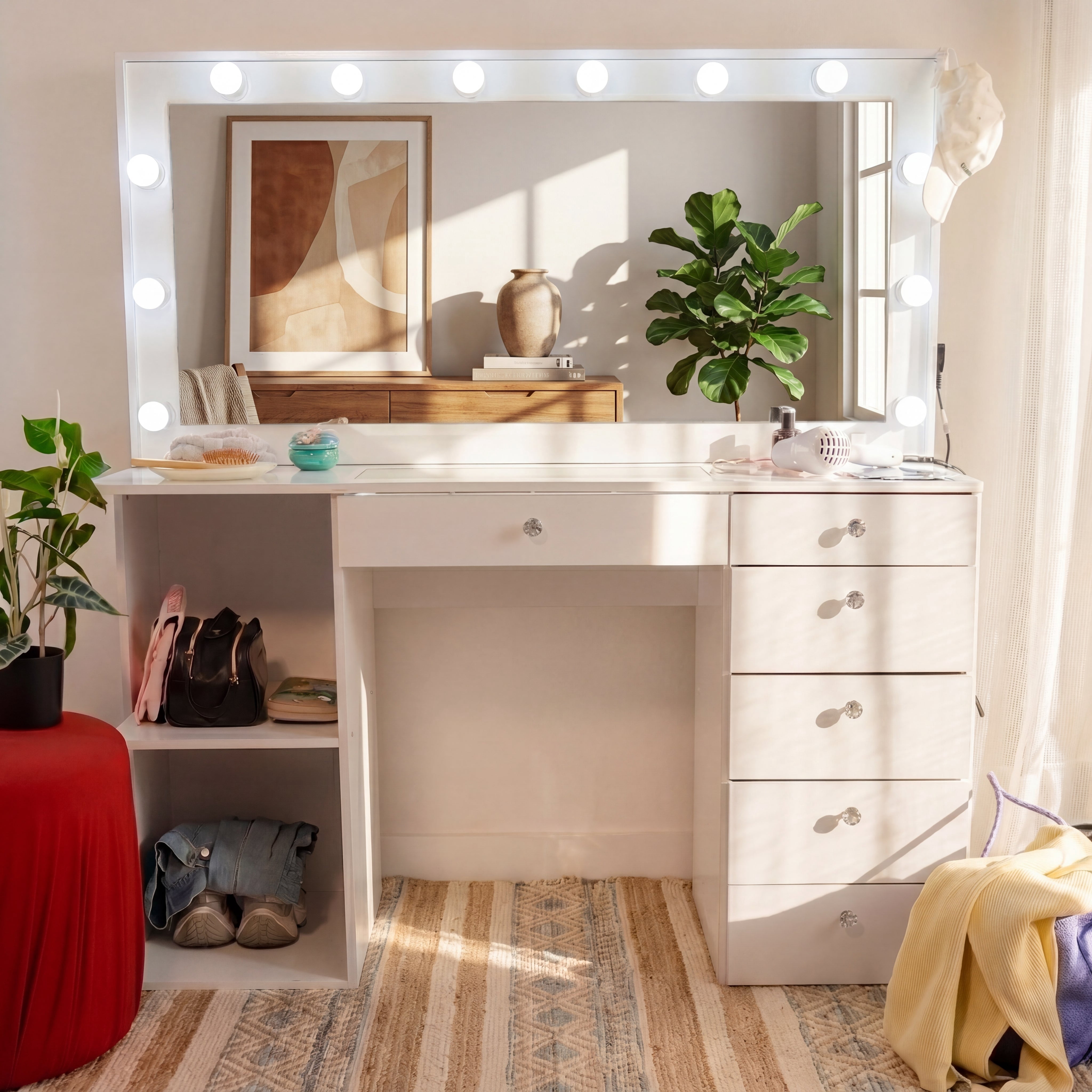 Boahaus Verona Large Vanity Desk with Mirror and Lights – 6 Drawer Makeup Vanity Table with 2 Open Shelves and Built-in Power Outlet