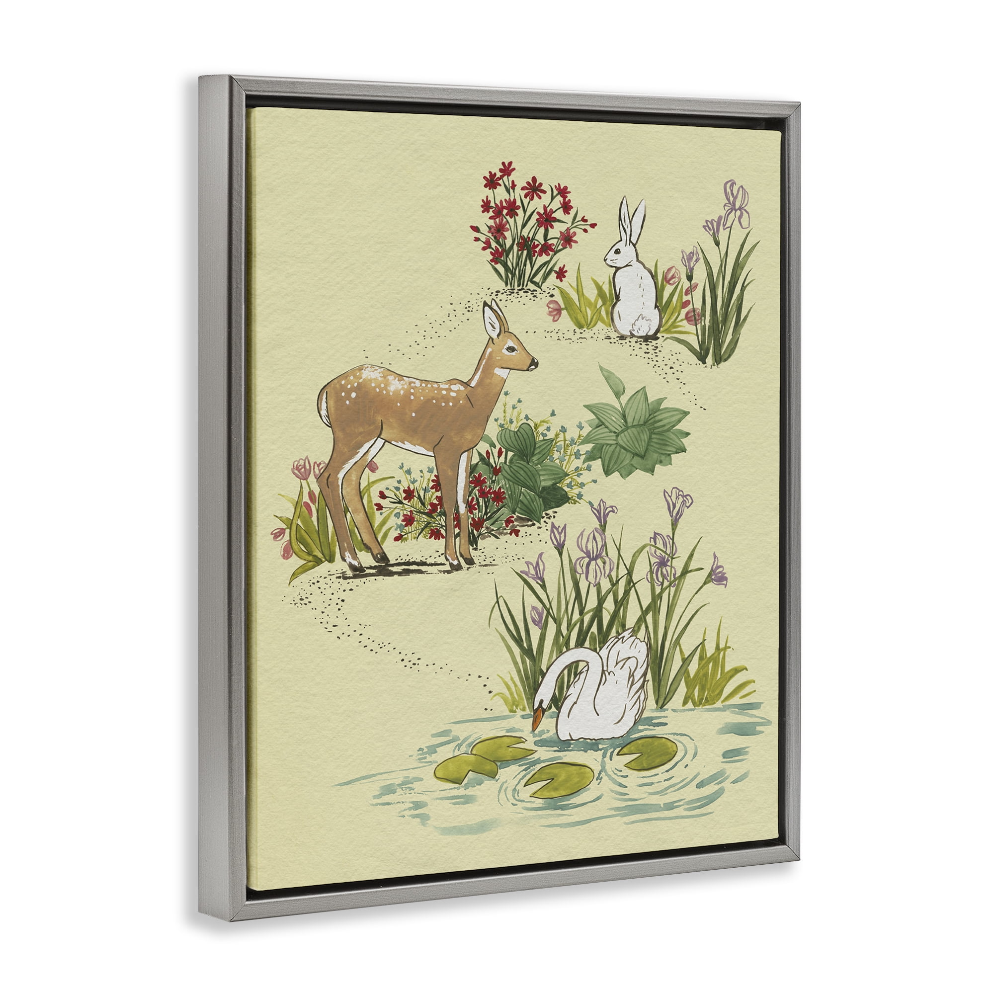 Stupell Industries Peaceful Spring Animals Gray Framed Floater Canvas Wall Art, design by Grace Popp