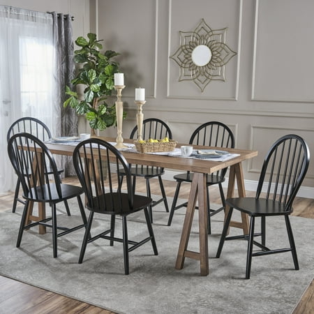 - Angela Farmhouse Cottage 7 Piece Faux Wood Dining Set with Rubberwood Chairs, Natural Walnut and Black