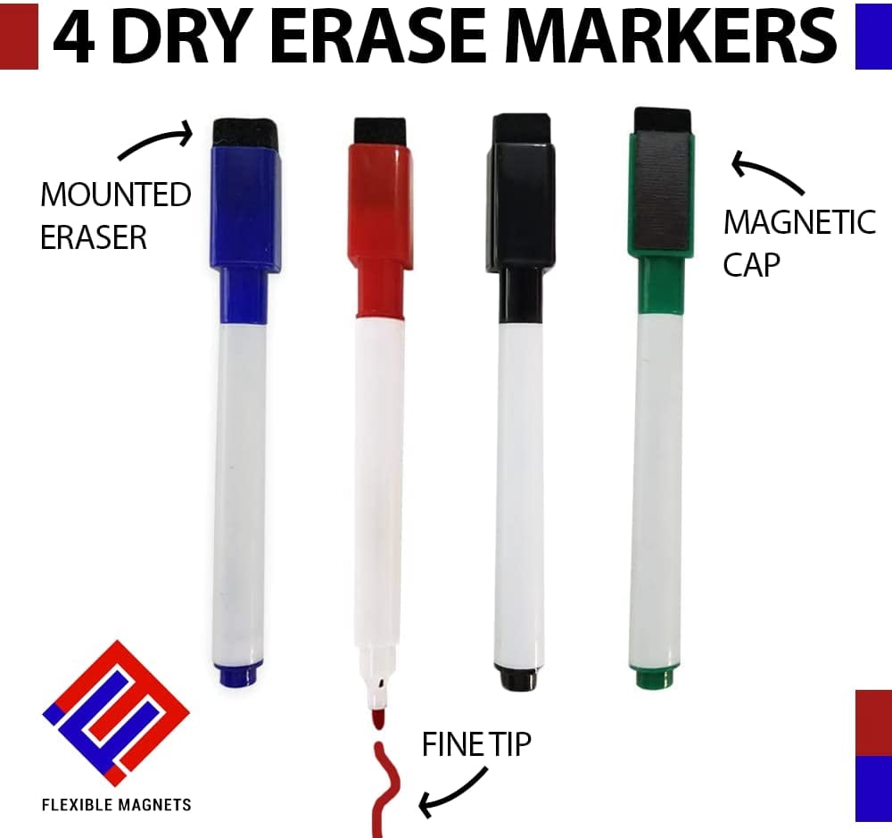 Dry Erase Magnetic Blank Cards - Plus Bonus! 4 Colored Dry Erase Markers - Dry Erase Index Cards - 4 x 6 Reusable Flash Cards - Mini Magnetic Cards for Fridge (32)