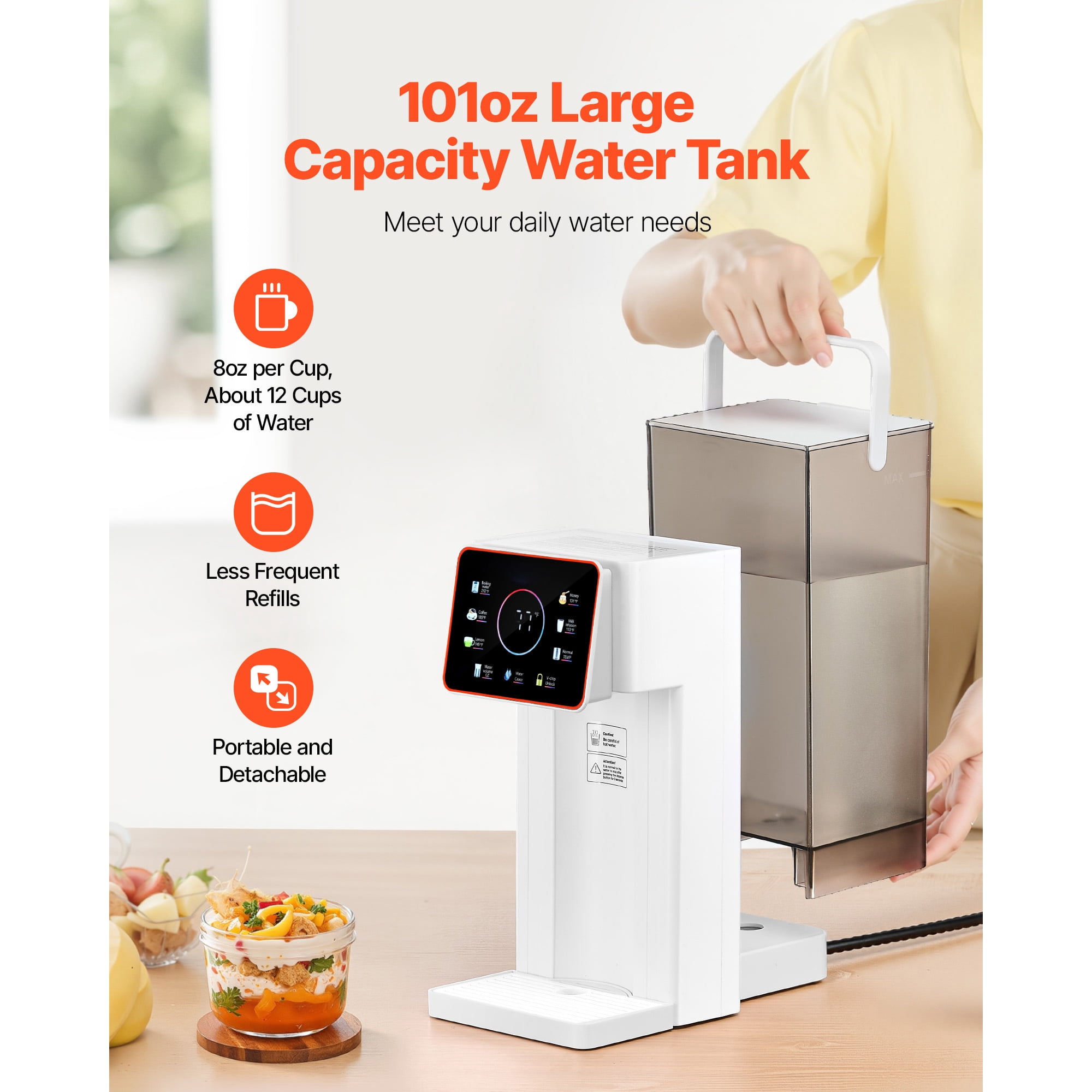 KFFKFF Countertop Instant Hot Water Dispenser with Adjustable Temperatures & Water Volumes, 101oz Detachable Tank, Rapid Heating, Touchscreen Control & Safety Lock for Home Use