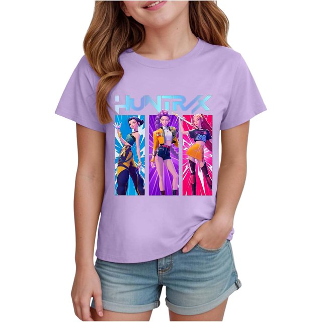 K pop Demon Chandail pour Filles, T-Shirt Graphique Mignon avec Dessin Animé, T-Shirt Tendance et Drôle, Chandail pour Enfants, Hauts Roses, Manches Courtes, Col Ras du Cou
