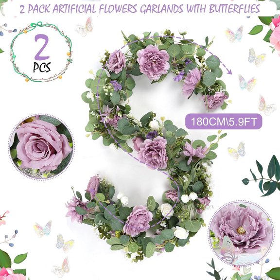 Yhmxh Artificial Pink Rose & Eucalyptus Flower Garland, 6FT Hanging Floral Vine, Faux Greenery Garland for Wedding Arch, Home Wall Decor, Bridal Shower, Party and Backdrop Decoration