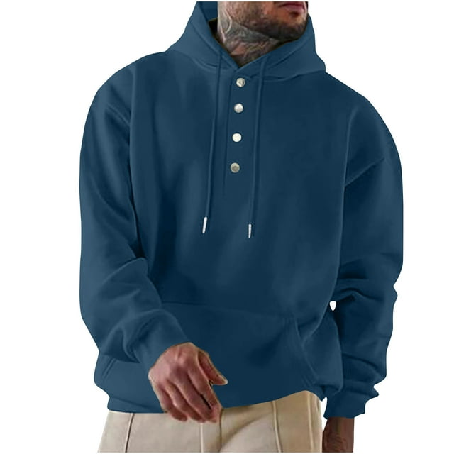 BXINGOHAI Hooded Sweatshirts For Men Thin Fleece Pullover Tops Solid Button Hoodies Sweatshirt Fall Winter Long Sleeve Shirts With Pocket Drawstring Clearance Sale Blue,M