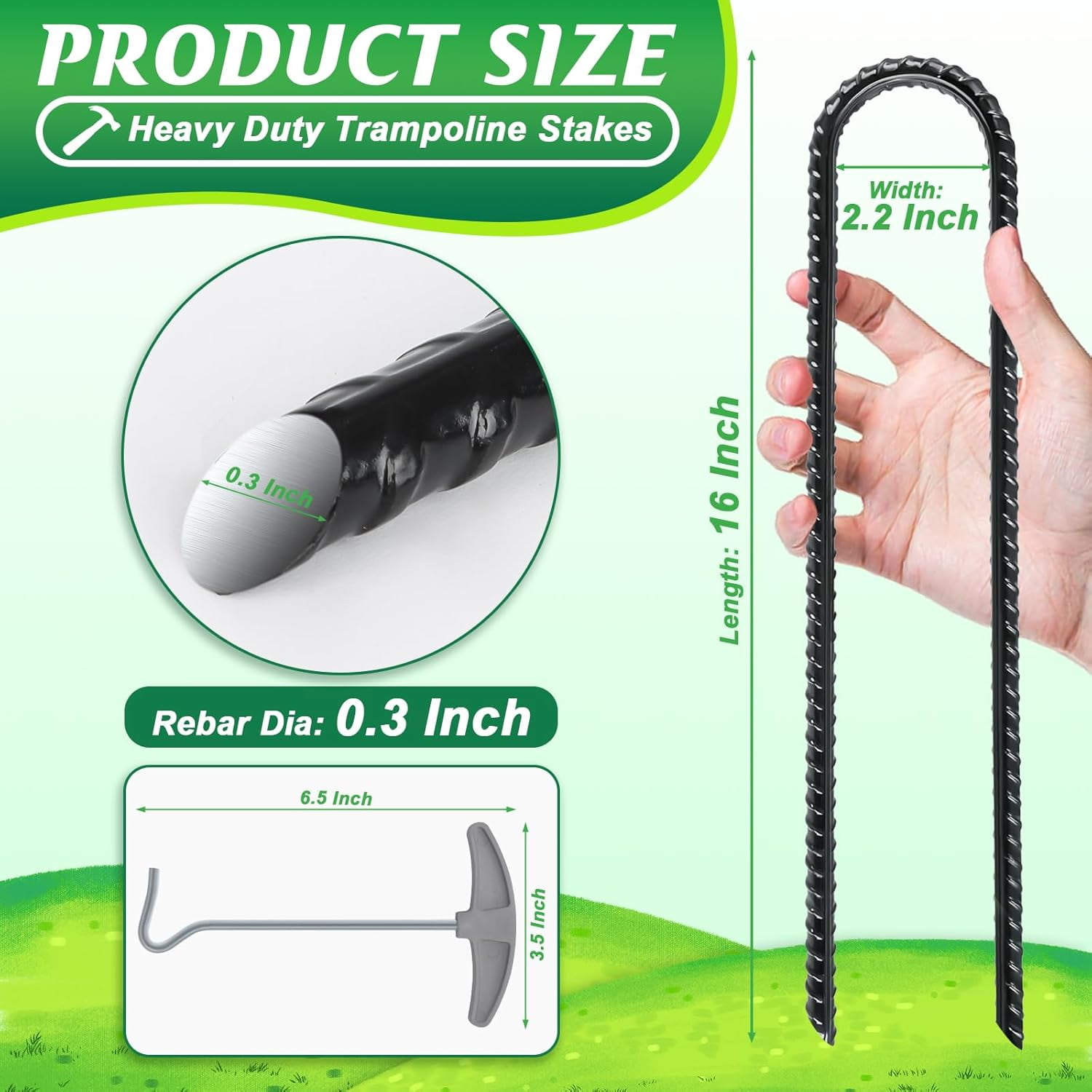 Trampolines Wind Stakes 16 Pack 16 Inch, 0.3 Inch Thick Heavy Duty U Shaped Rebar Tent Stakes Ground Anchors Galvanized Steel Safety Trampoline Anchors for Camping Tents, Soccer Goals