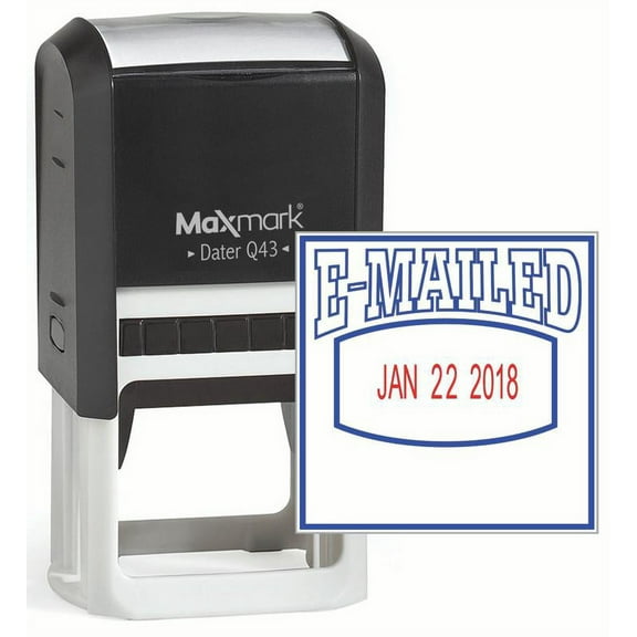 MaxMark Q43 (Large Size) Date Stamp with "EMAILED" Self Inking Stamp - 2 Color Blue/Red Ink