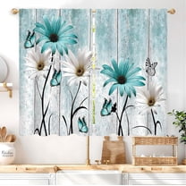 Teal Blue Farmhouse Floral Kitchen Curtains 27.5W X 39L Inch 2 Panels Rod Pocket Rustic Flower Vintage Country Turquoise Daisy Retro Small Short Cafe Tier Drapes Wooden Bathroom Home Decor