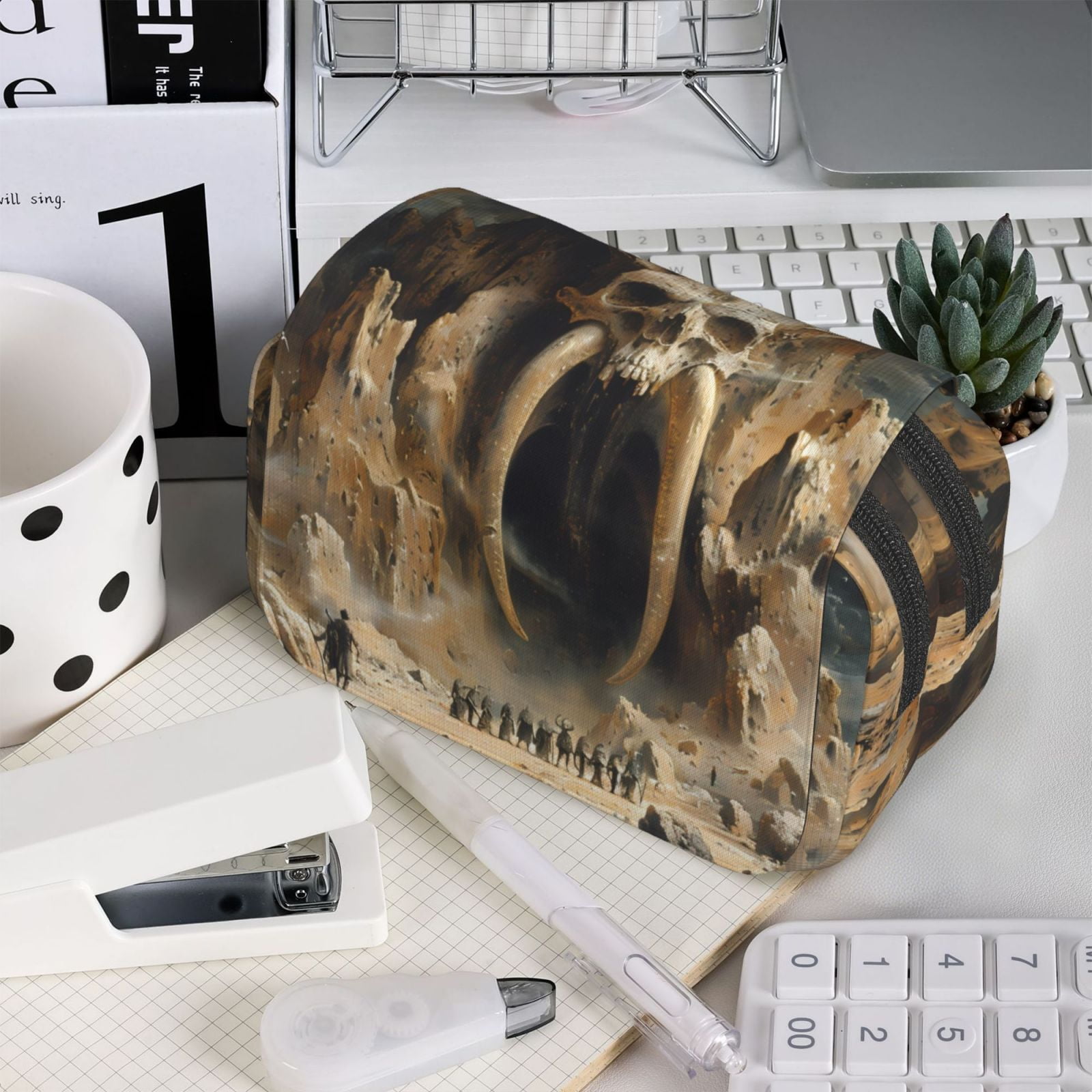 Rateoe Ancient Skull Cave Landscape Pattern Double Clamshell Pen Case, Storage Organizer with Two Zipper Compartments– Holds Up to 50 Pencils & Pens