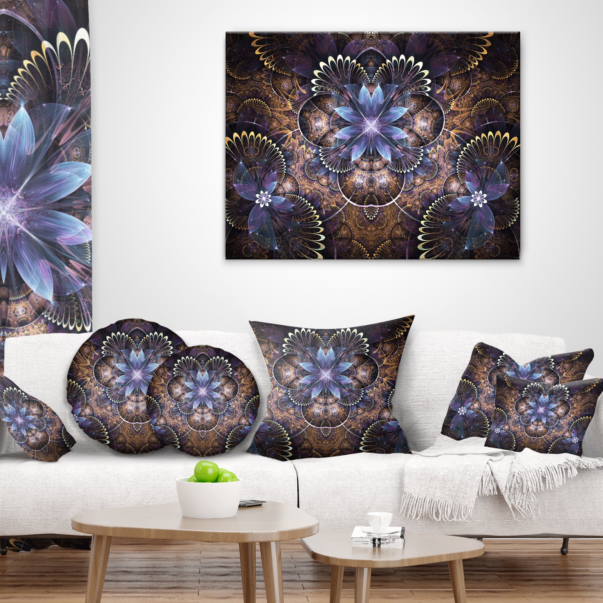 Designart Fractal Glossy Blue Flower Digital Art - Floral Throw Pillow - 12x20