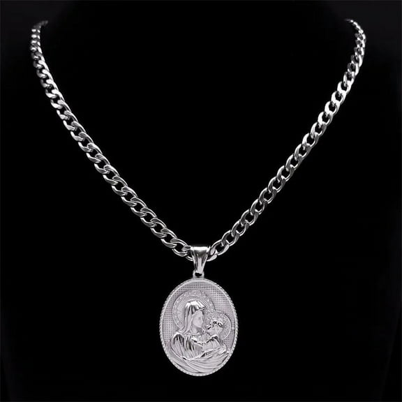 Virgin Mary and Medallion Necklace for Men Geometric Religious Pendant 14K White Gold Necklaces Jewelry