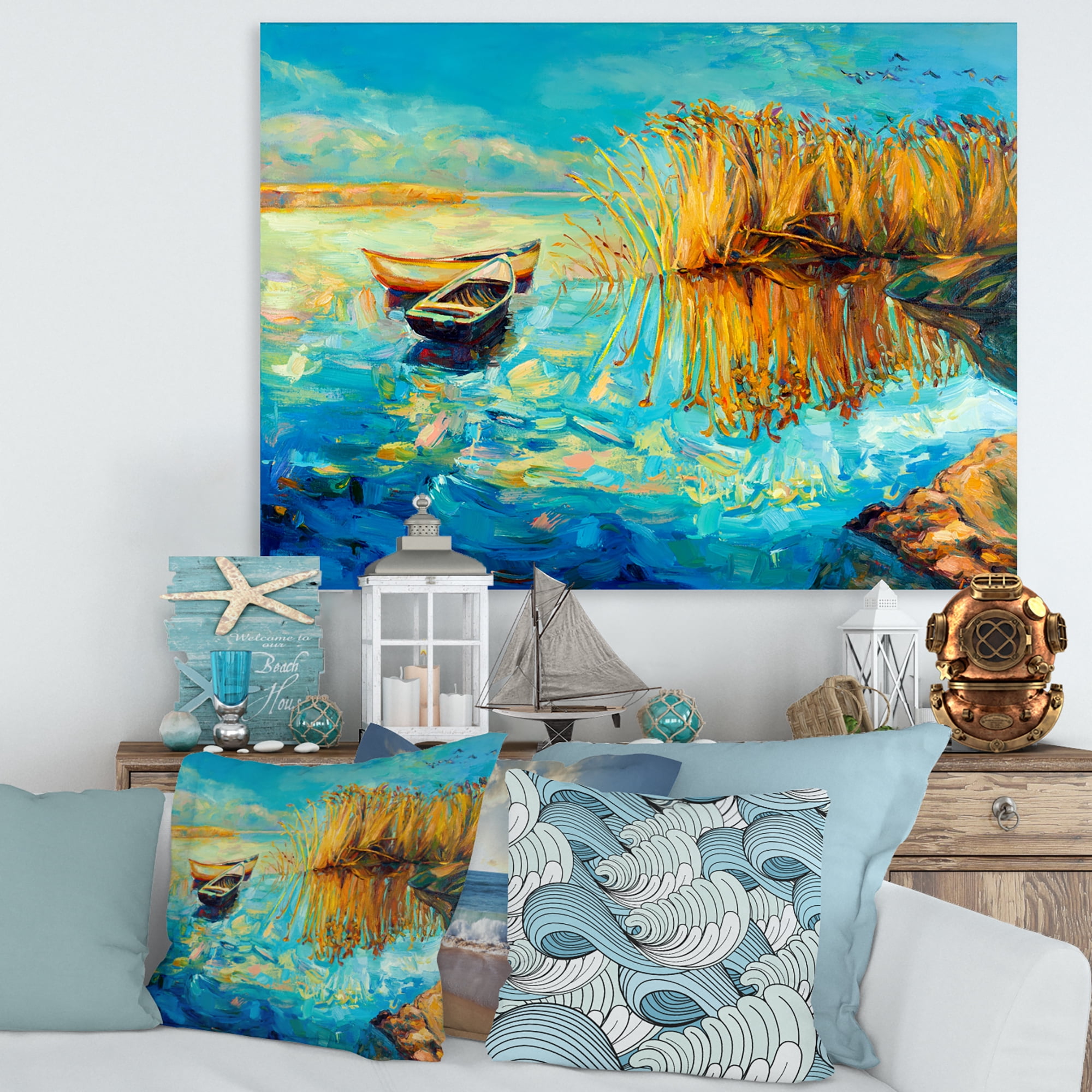 Designart ' Orange Trees With Turquoise Lake During Sunset ' Nautical & Coastal Canvas Wall Art Print