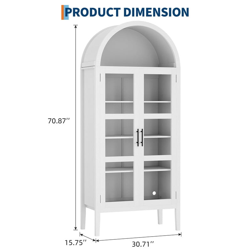 TROPOW 71'' Tall Arched Storage Cabinet with 3 Color Lights, 5-Tier Kitchen Pantry Cabinet with Glass Doors, Morden Versatile Arched Bookshelf for Dining Room, Entryway, Living Room, White