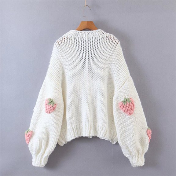 Trendfront Womens Strawberry Print Cardigan Sweater Long Sleeve Button Front Knit Jacket Cute Fruit Graphic Casual Cropped Outerwear