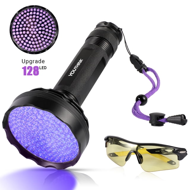 Linterna de luz negra 128 LED Linternas UV Linterna ultravioleta brillante mejorada Detector de orina de mascotas de luz negra profesional para escorpiones de perros / gatos Fugacal 2.1102E+12