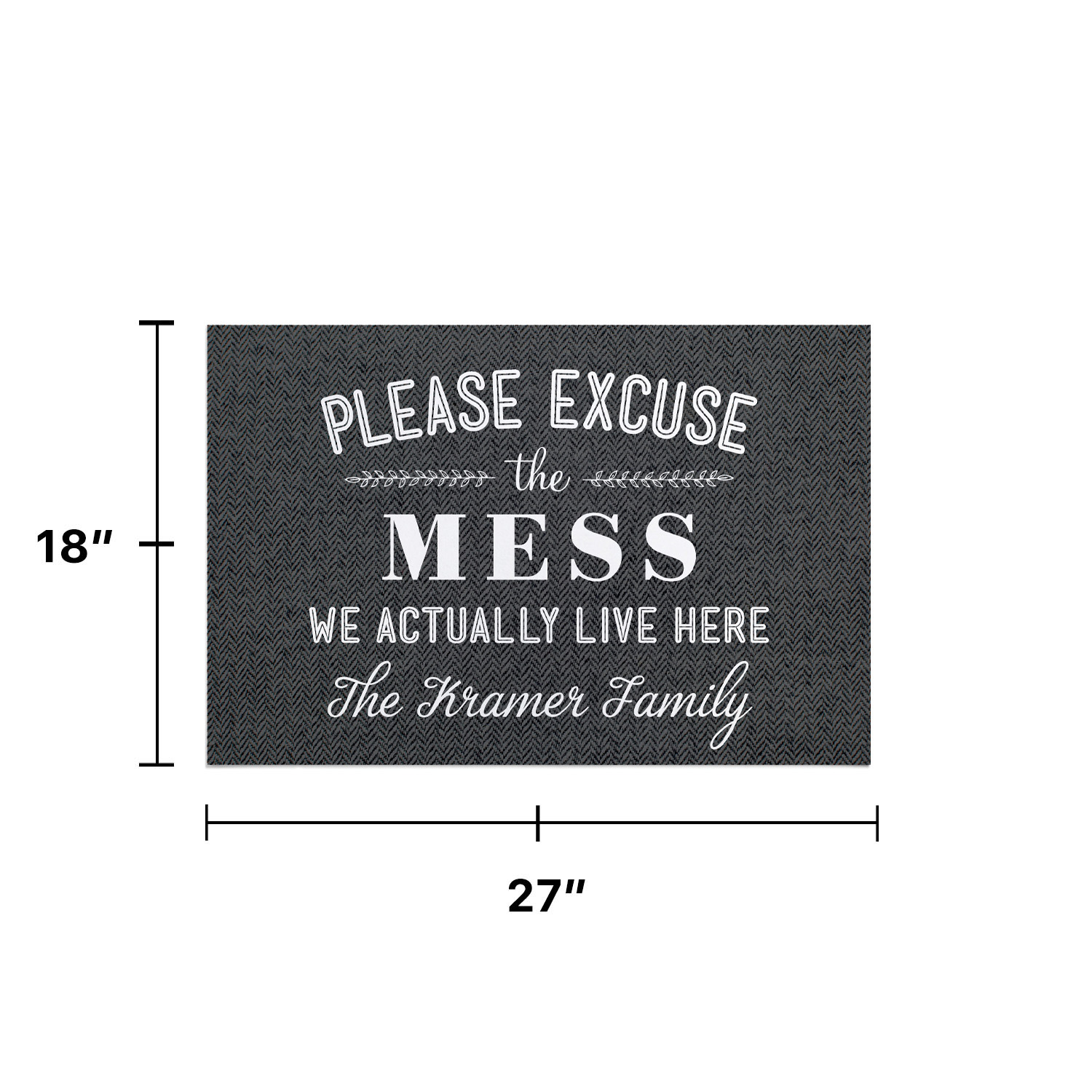 Personalized Planet 27x18 Please Excuse The Mess We Actually Live Here Doormat with Custom Family Name Printed on Gray Rectangular 1/8” Thick Non Slip Mat for Kitchen Hallway Deck or Porch