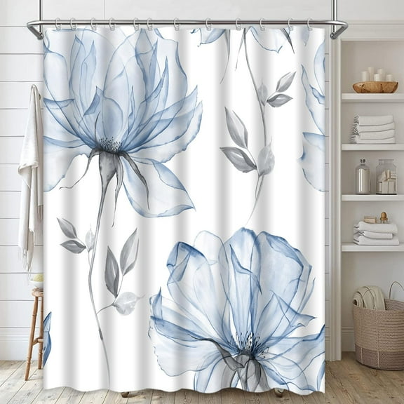 Watercolor Floral Shower Curtain, Blue Grey Flower Leaves Shower Curtain Set Modern Minimalist White Fabric Shower Curtain for Bathroom Decor Waterproof with Hooks 72x72 Inch