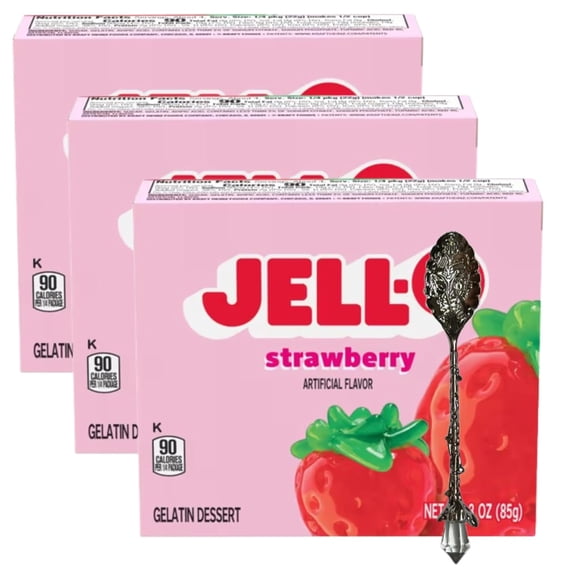 Jεll-0 Gelatin Dessert Mix, 3 oz Box (Pack of 3) with Candy Freezer Gem Spoon (Strawberry Flavor) - Gem Spoon