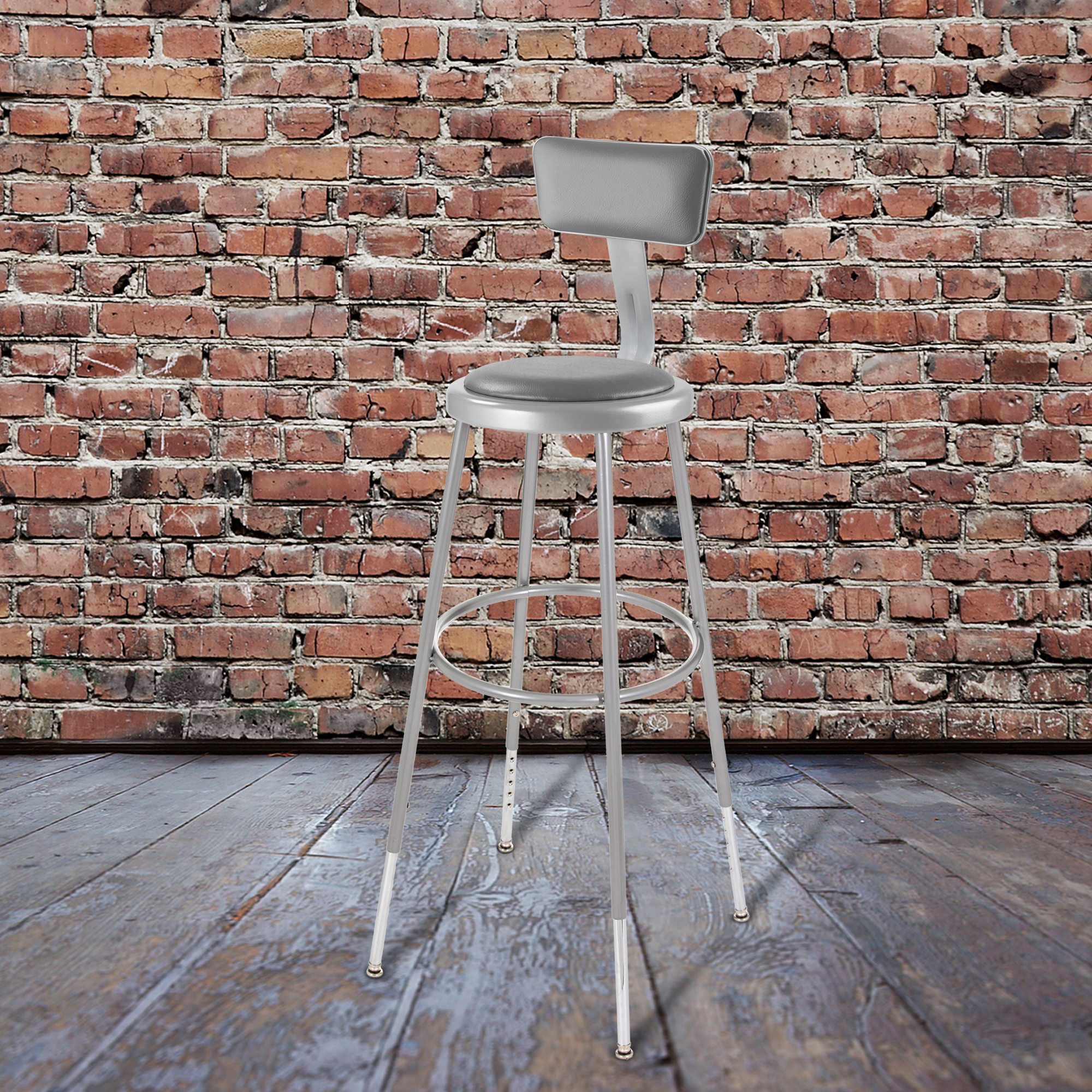 Hampden Furnishings Otto 32"-39" H Adjustable Vinyl Padded Stool with Backrest, Grey, 2 PK