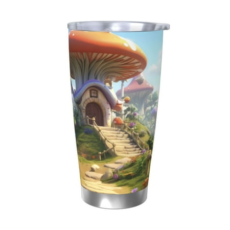 

Qekee Cute Mushroom Town Print 20OZ Car Cup Stainless Steel Vacuum Insulated Tumbler Tumbler Cup With Lid And Straw Travel Coffee Mug-Without Straw