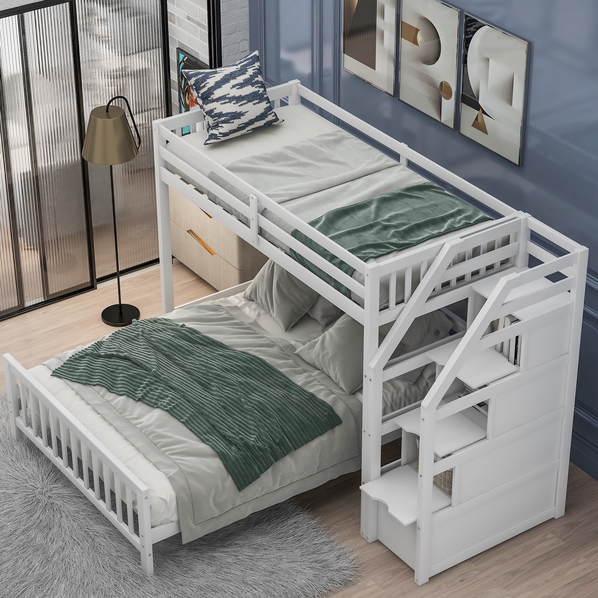 Euroco Modern Wood Twin over Full Bunk Bed, Loft Bed with Moveable Full Bed, Storage Staircase for Kids Teens Adults, White