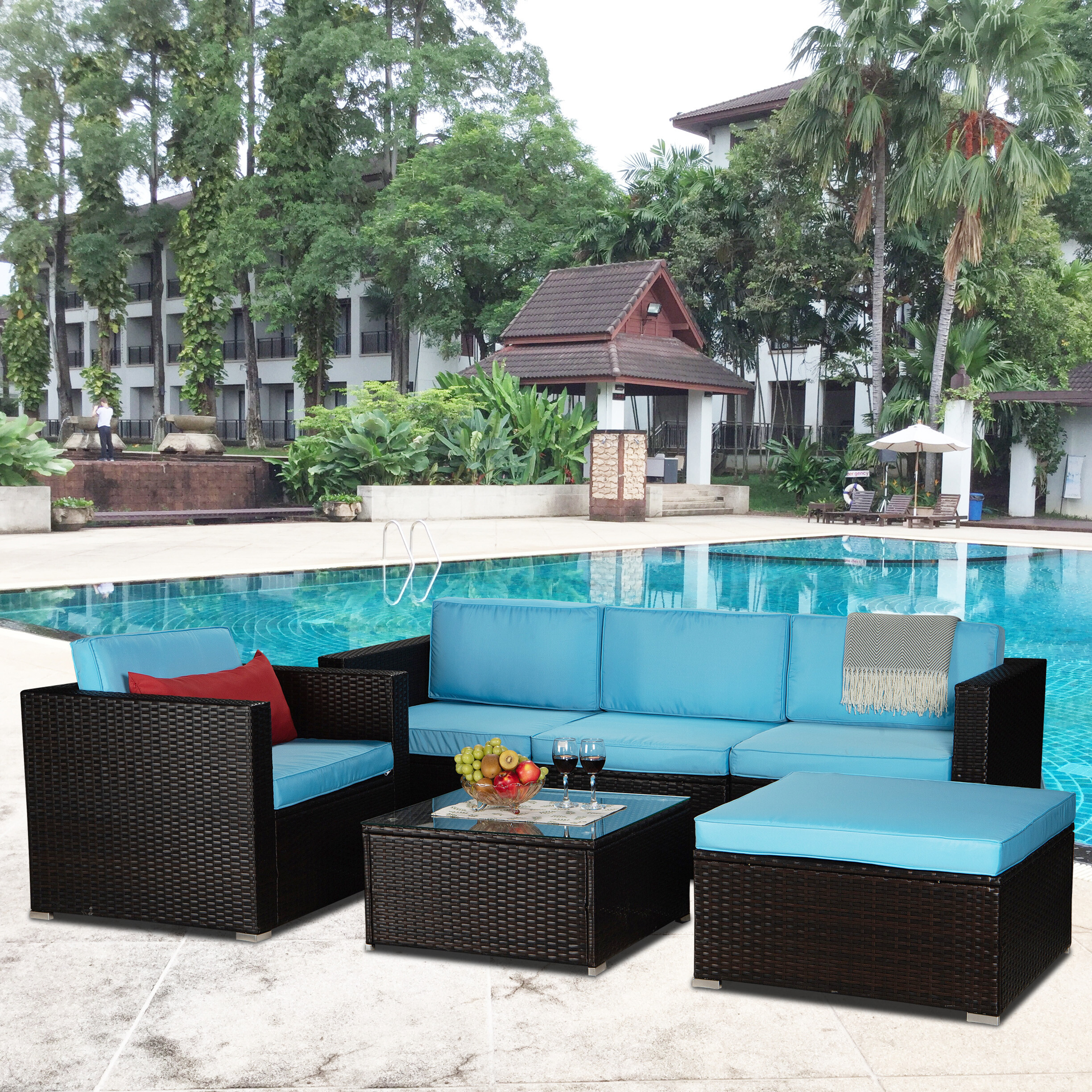 6-Piece Outdoor Patio Furniture Set PE Rattan Wicker Sectional Sofa Set with Coffee Table, Blue Cushioned and Red Pillow - image 1 of 8