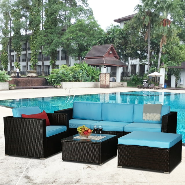 6-Piece Outdoor Patio Furniture Set PE Rattan Wicker Sectional Sofa Set with Coffee Table, Blue Cushioned and Red Pillow