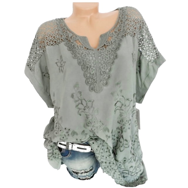 Chemises pour Femmes Manches Longues Chemise Femmes Été Col Rond Manches Courtes Creux Blouse Décontractée Unie T-Shirt