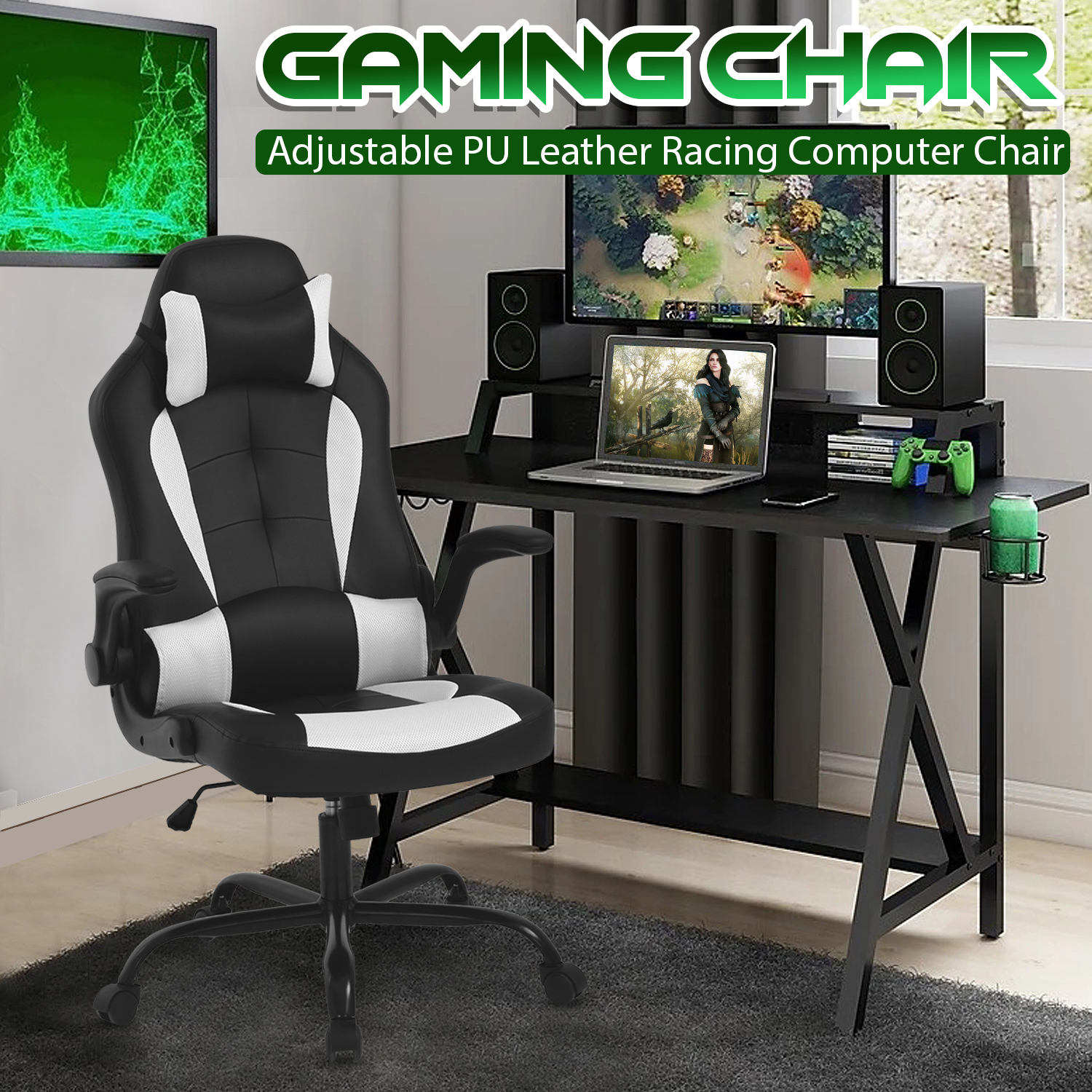 Furniture of America Hype Faux Leather Adjustable Gaming Chair, Black
