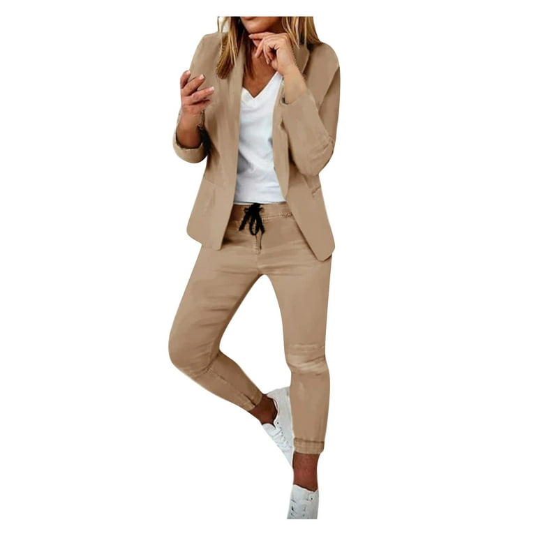 TANGNADE Women's Two-piece Lapels Suit Set Office Business Long Sleeve  Formal Jacket Slim Fit Trouser Suit Pink L