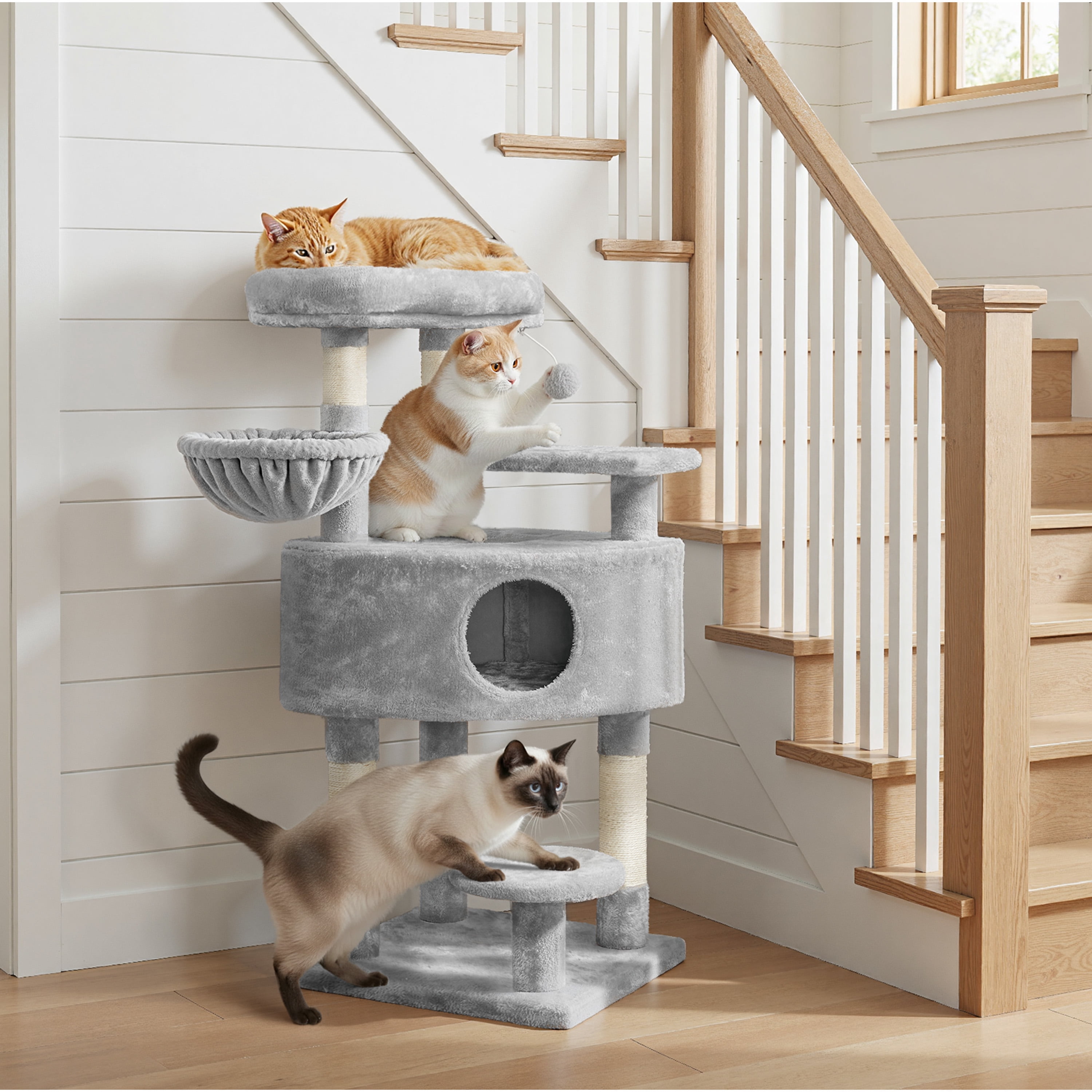 Alden Design Multilevel Cat Tree Basket Condo Scratching Posts, Light Gray