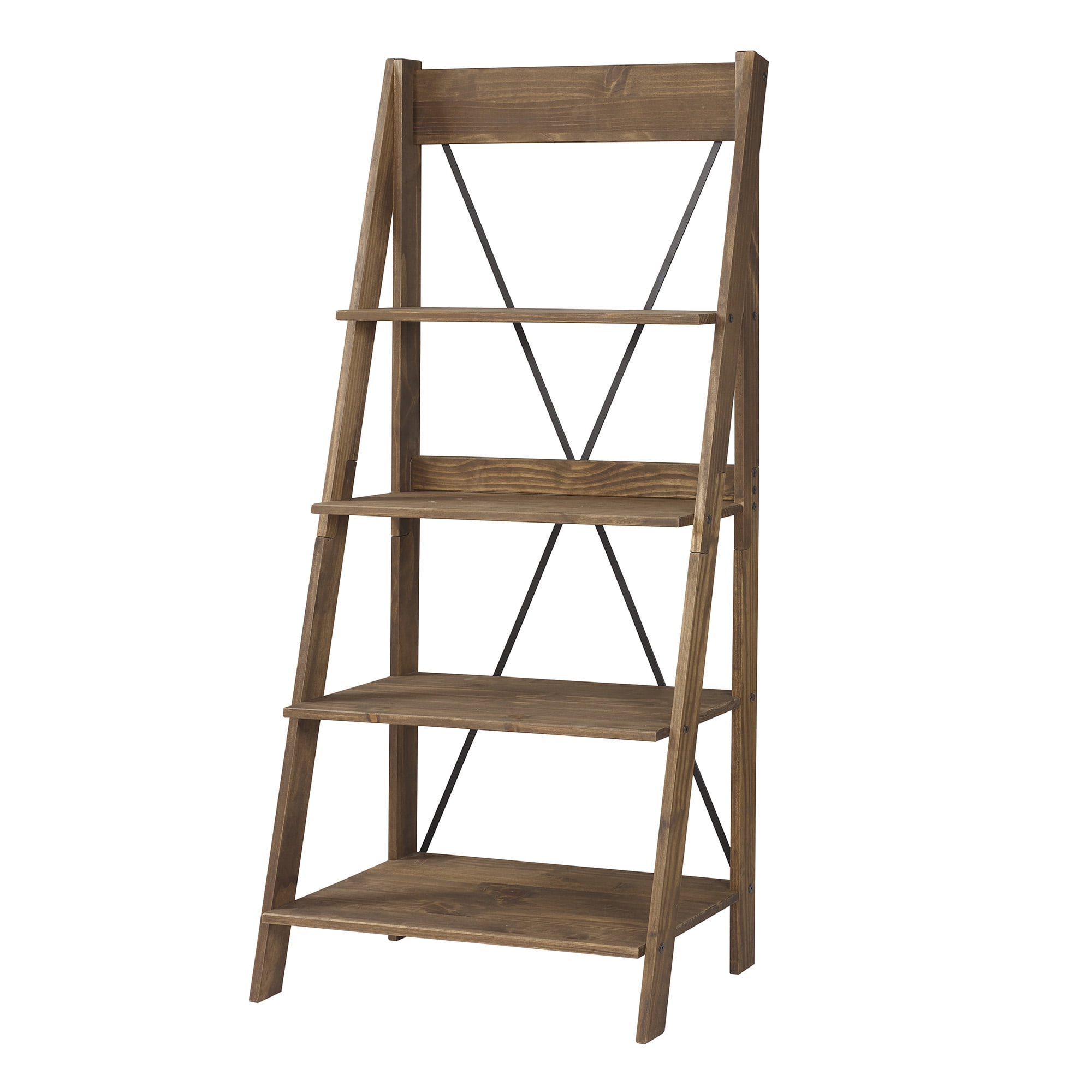 Walker Edison Solid Wood 4-Shelf Ladder Bookshelf, Brown