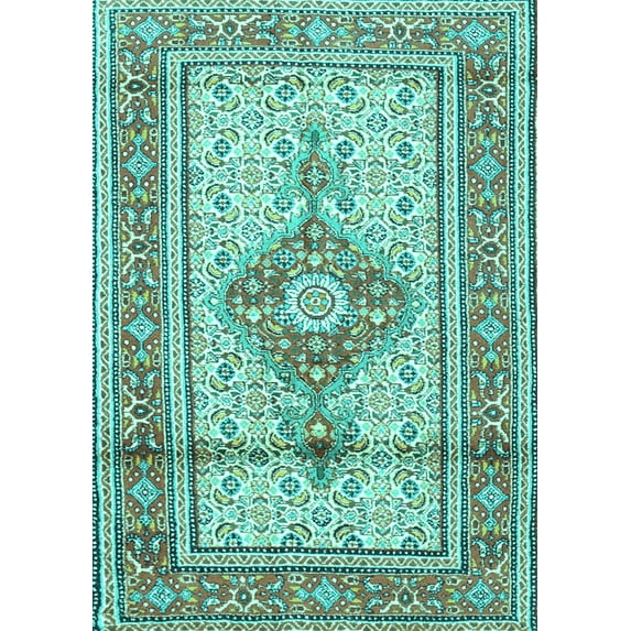 Ahgly Company Machine Washable Indoor Rectangle Medallion Turquoise Blue Traditional Area Rugs, 5' x 7'