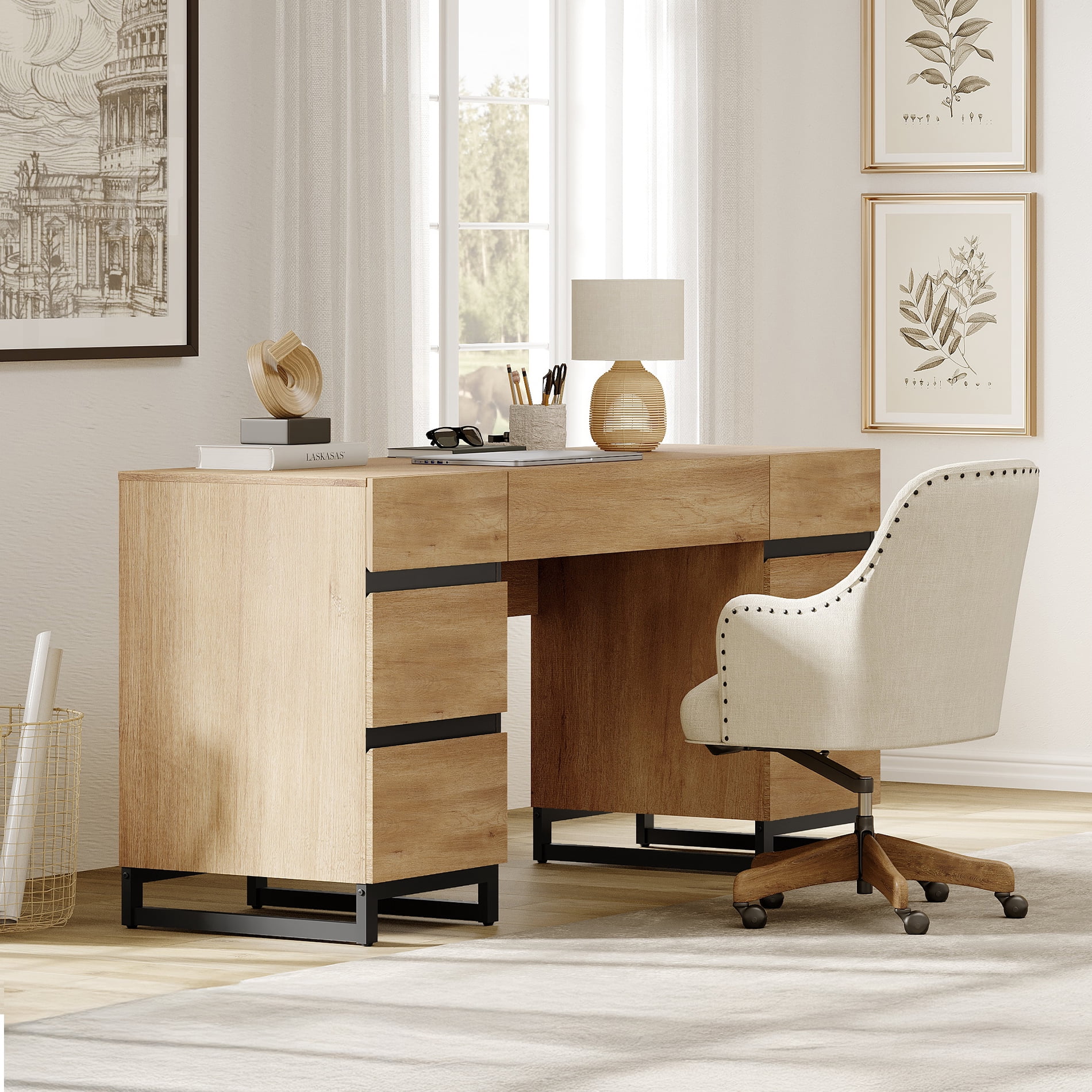 WAMPAT Home Office Set: 59" Modern Desk with Charging Station and Storage Cabinet, Two 72" Tall Bookcases With 3 Tiers And 4 Cabinets, Wood Computer Desk and Storage Cabinet for Work Study, Oak