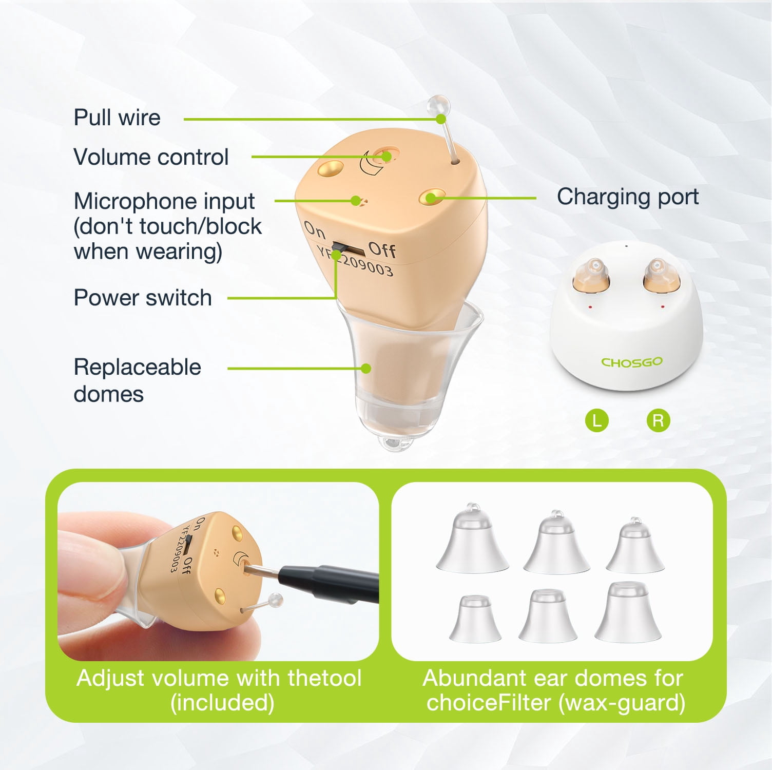 Rechargeable Mini Hearing Aids for Seniors with Noise Cancelling,Beige ,Chosgo K19