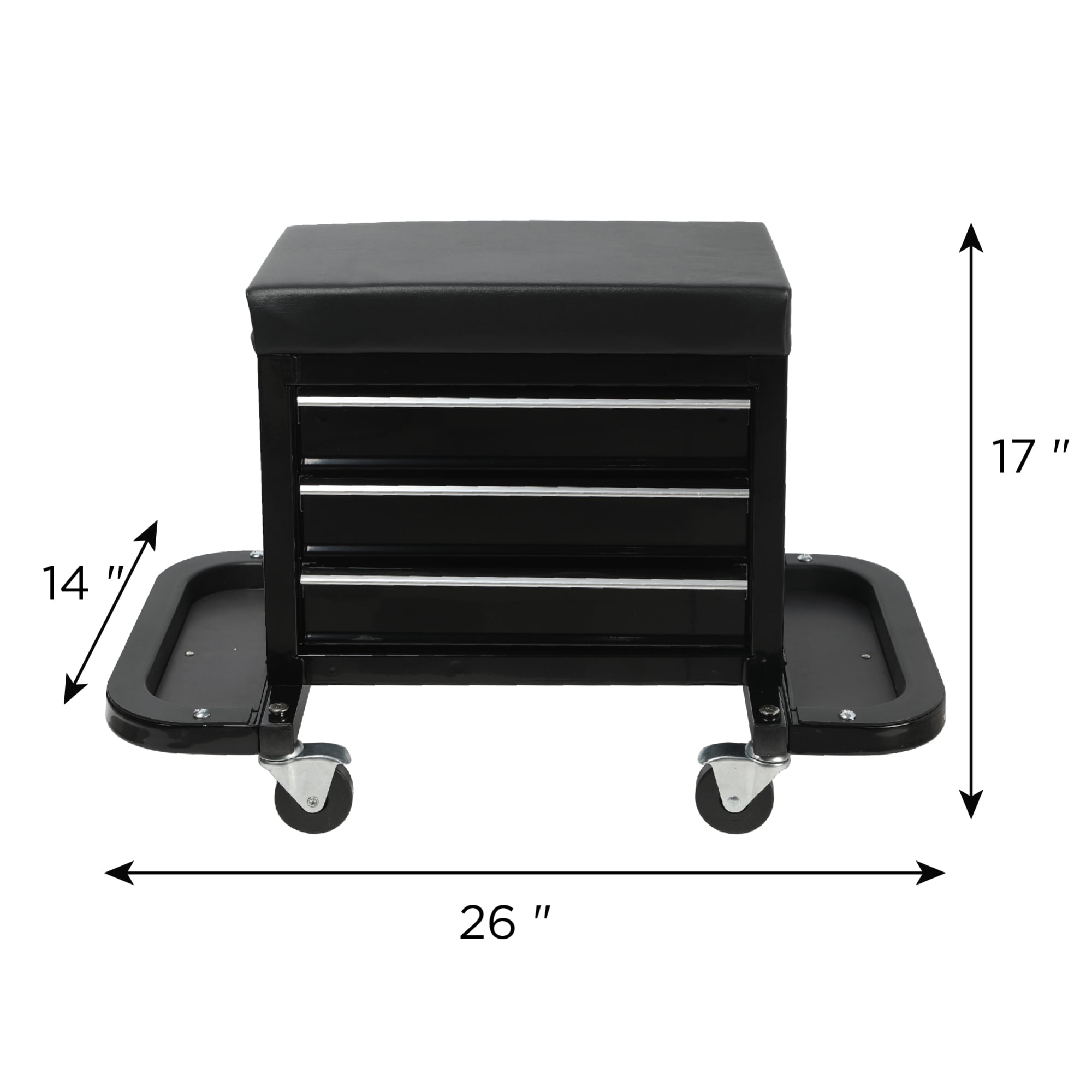 3 Drawer Tool Chest Rolling Mechanic Seat with Tool Trays, 350 lbs Max Weight Capacity, Metal Tool Cart for Garage Workshop,Black