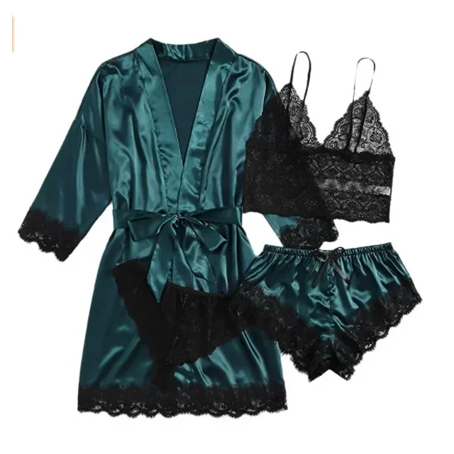 Nuevo 4 unids/set de ropa para el hogar, bata de moda para dormir, pijamas para mujer, falda, ropa de dormir de encaje satinado con seda, bata, pantalones de pijama sexis