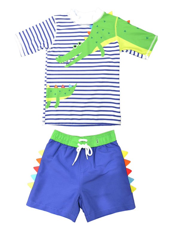 Boys Two Piece Short Sleeve Rash Guard Swimsuits Toddler Set, Crocodile Short Sleeve, Size: 2T, Uzzi Active Wear