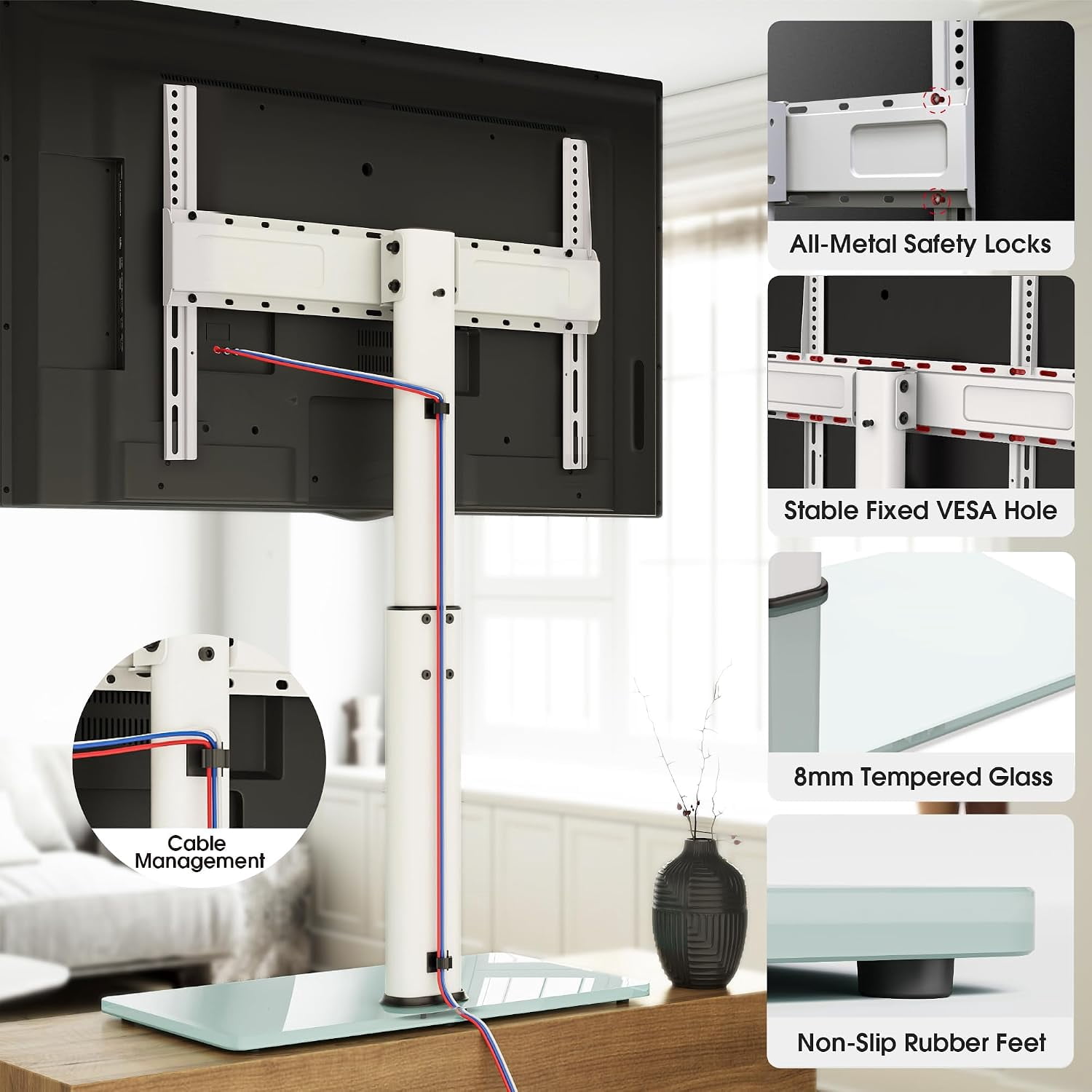 AOKCOS Tabletop TV Stand for 43–85 Inch TVs, White, Swivel & Tilt, Height Adjustable