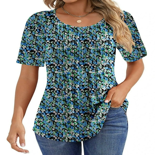 CHOK Blouses pour Femmes Tunique Plissée à Manches Courtes Hauts Habillés Décontractés Chemises d'Été
