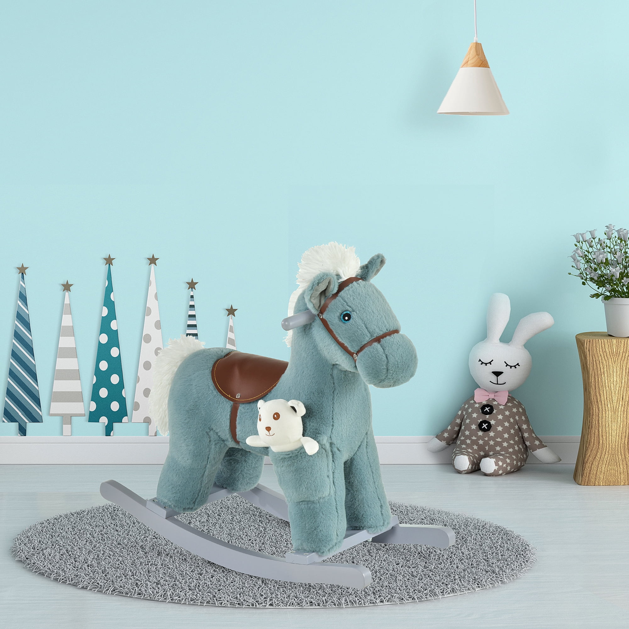 Qaba Kids Plush Ride-On Rocking Horse with Bear Toy, Children Chair with Soft Plush Toy & Fun Realistic Sounds, Blue
