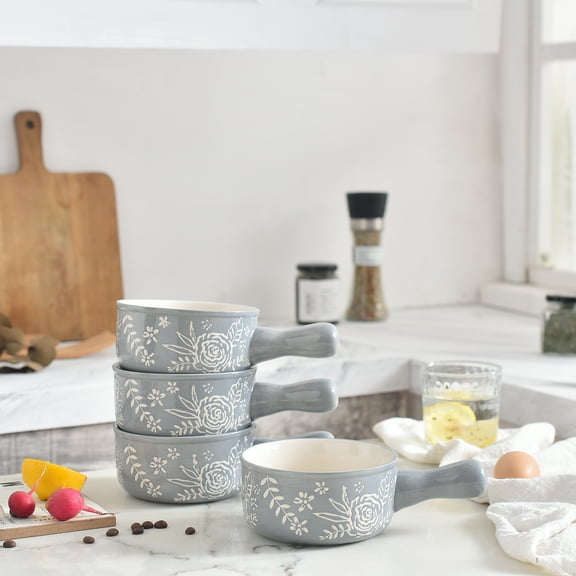 Soup Bowls with Handles Ceramic French Onion Soup Crocks Oven Safe 17 Ounce Soup Bowls，set of 4