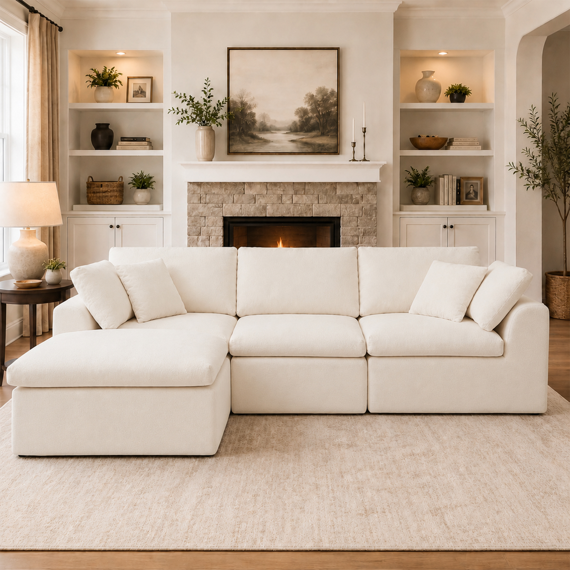 Vanress 111" Modular Sectional Sofa, Corduroy Boneless Sofas for Living Room, Deep Seat Memory Foam L-Shape Couch with Ottoman, Convertible Modular Sofa Couch, No Assembly (Beige)