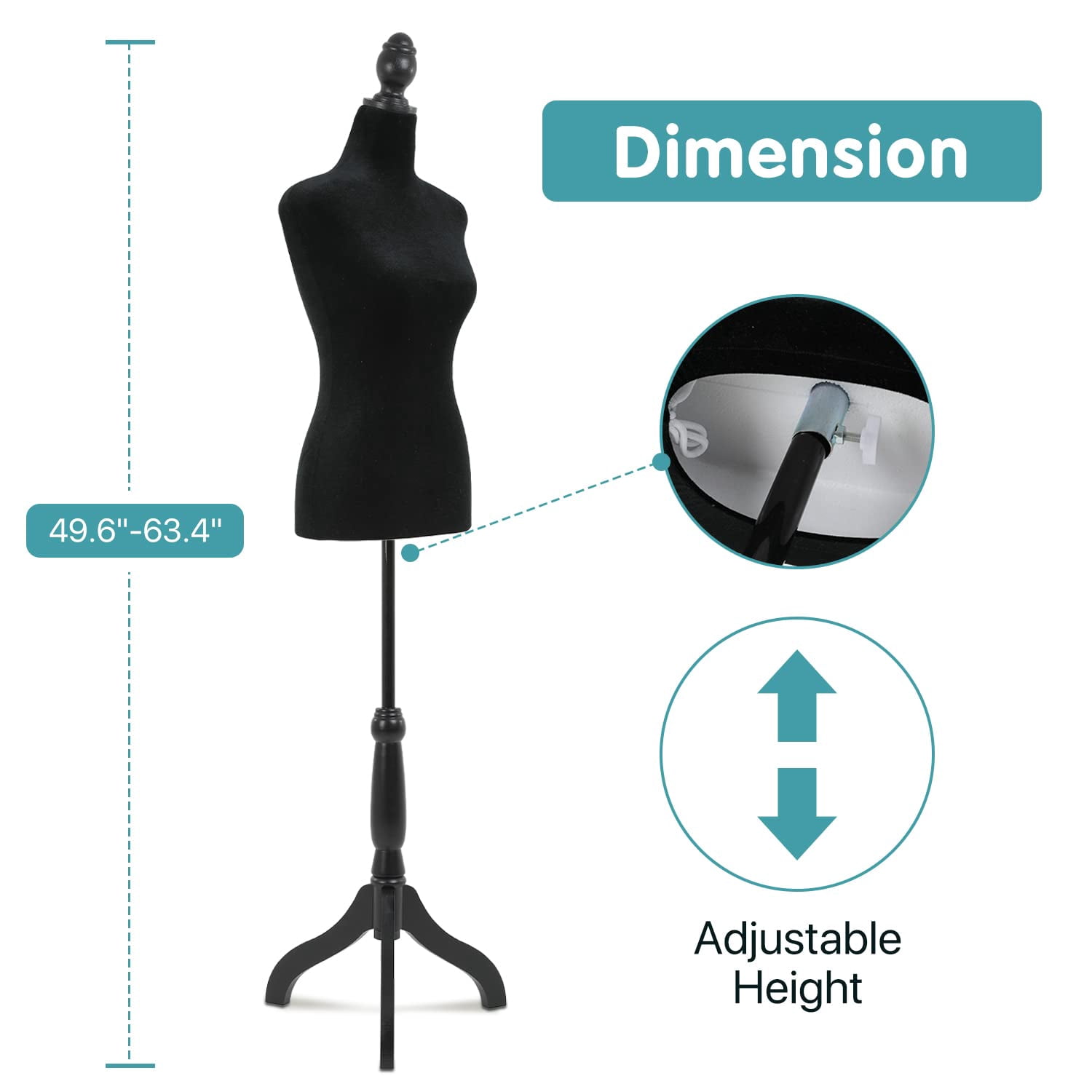 Female Mannequin Torso Mannequin Body Dress Form Mannequin Height Adjustable 49.6-63.4 Inch with Wooden Tripod Stand for Window Display Store Dress Jewelry Display Sewing (Black)