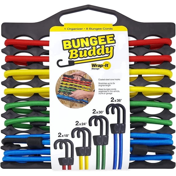 Bungee Buddy by Wrap-It Storage - Bungee Cord Organizer 8 Assorted Size Bungee Cords - Steel Core Hooks for Heavy Duty Outdoor Use