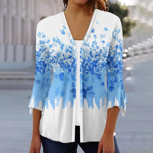 Xuyuer 3/4 Length Sleeve Womens Tops Round Neck Casual Summer Tunic Tops Basic Tees Blouses Cardigan Lightweight Button Down Casual Dressy T-Shirts Pleated Cute Shirts